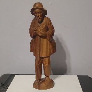 Hand-Carved Brown Wood Fisherman Sculpture - Decorative Home Art